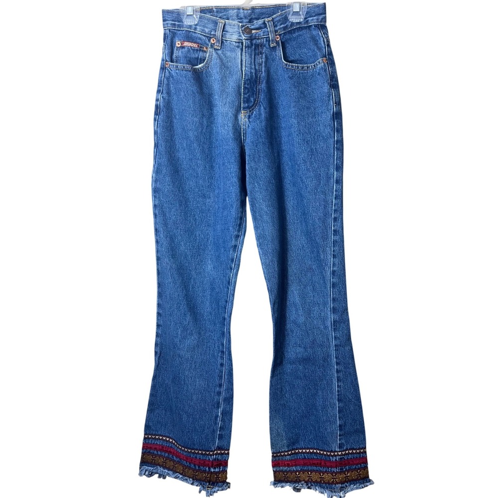 Jordache Blue Denim Wide Leg Jeans with Embroidered Hem